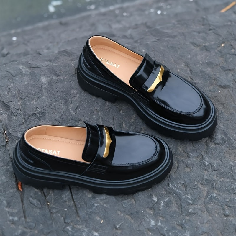 Classic Black & Golden Buckle Loafers with Light Brown Comfortable Cover Insole, Elegant Casual Commuter Shoes