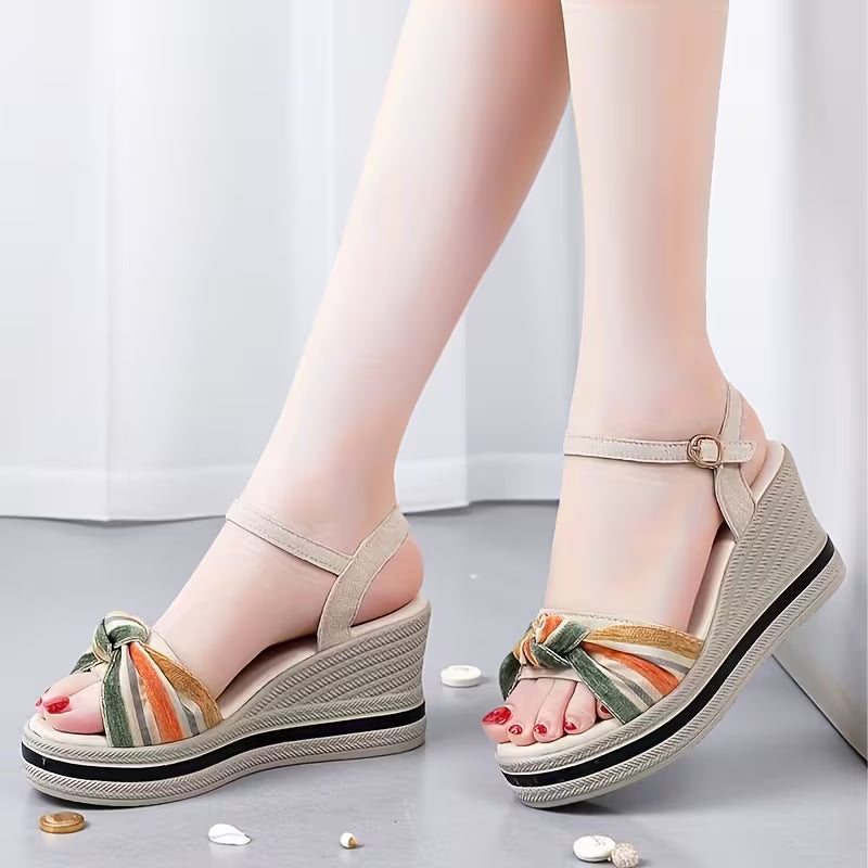 Women'S Wedge Sandals with a Bow-Tie Ankle Strap, Casual Summer Sandals Featuring a Thick Platform, Comfortable Lining, Decorative Buckle, And Durable Stylish Design for The Summer.