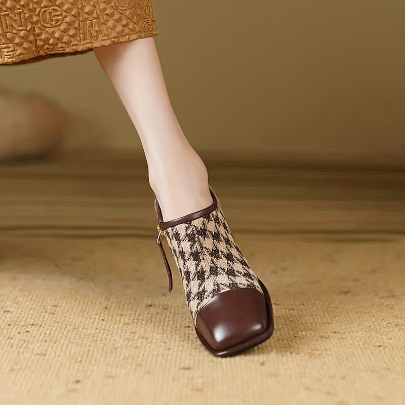 Women's Houndstooth Oxford Pumps - White\Black\Brown\Beige Mary Jane Shoes with Square Toe Block Heel, Cloud Insole & Golden-Like Accent - All-Season Office, Party, Wedding s (Zip Closure, Round-to-Square Heel)