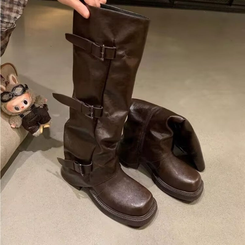 Platform Boots for Women | Autumn Niche Design, Belt Buckle Western Boots, Wrinkled Mid-Calf Slouch Boots, Genuine Faux Leather, Toe, Block Heel, Slip-on Closure