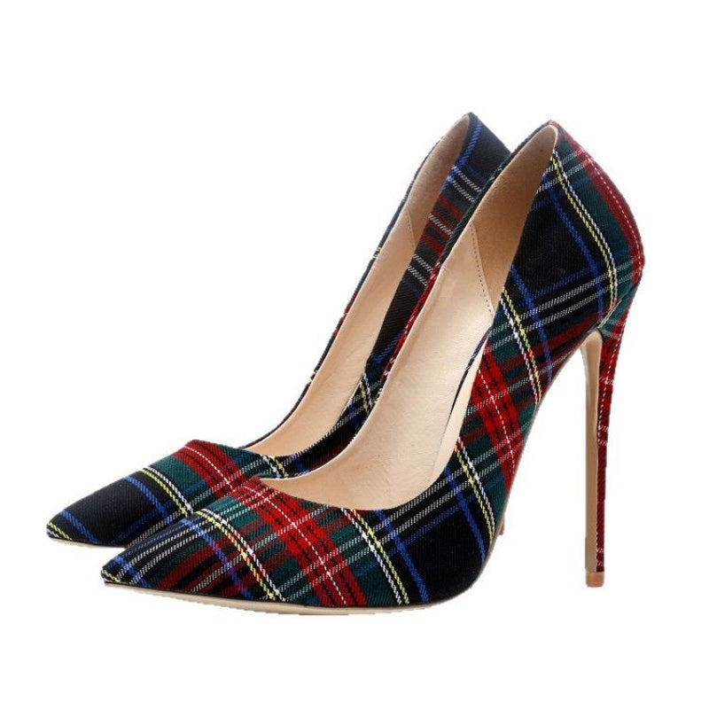 Ultra-High Stiletto Heels - Pointed-Toe Open-Back Pumps with Striped Plaid Fabric Upper, Matching s for Parties, Weddings, Business Events - Spring Footwear (Comfortable Insole & Rubber Sole)