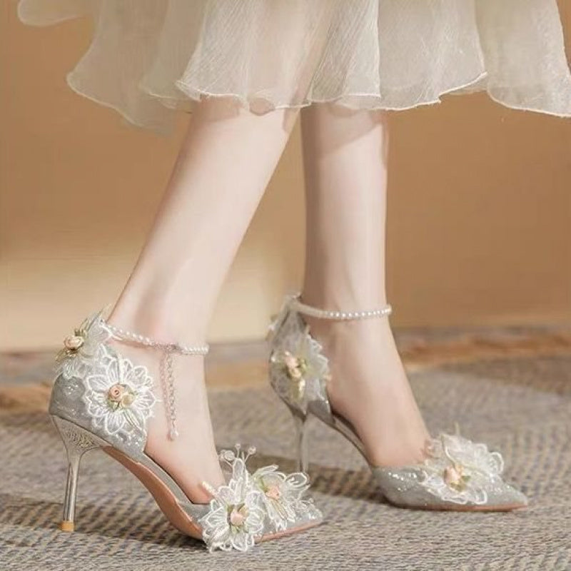 Women's & ' Korean-Style Stiletto Heels - Elegant & Lace Accent Pointed-Toe High Heels, Cushioned Insole & PU, All-Day for Weddings, Parties, Performances - Korean Fashion Pumps (Year-Round Wear)