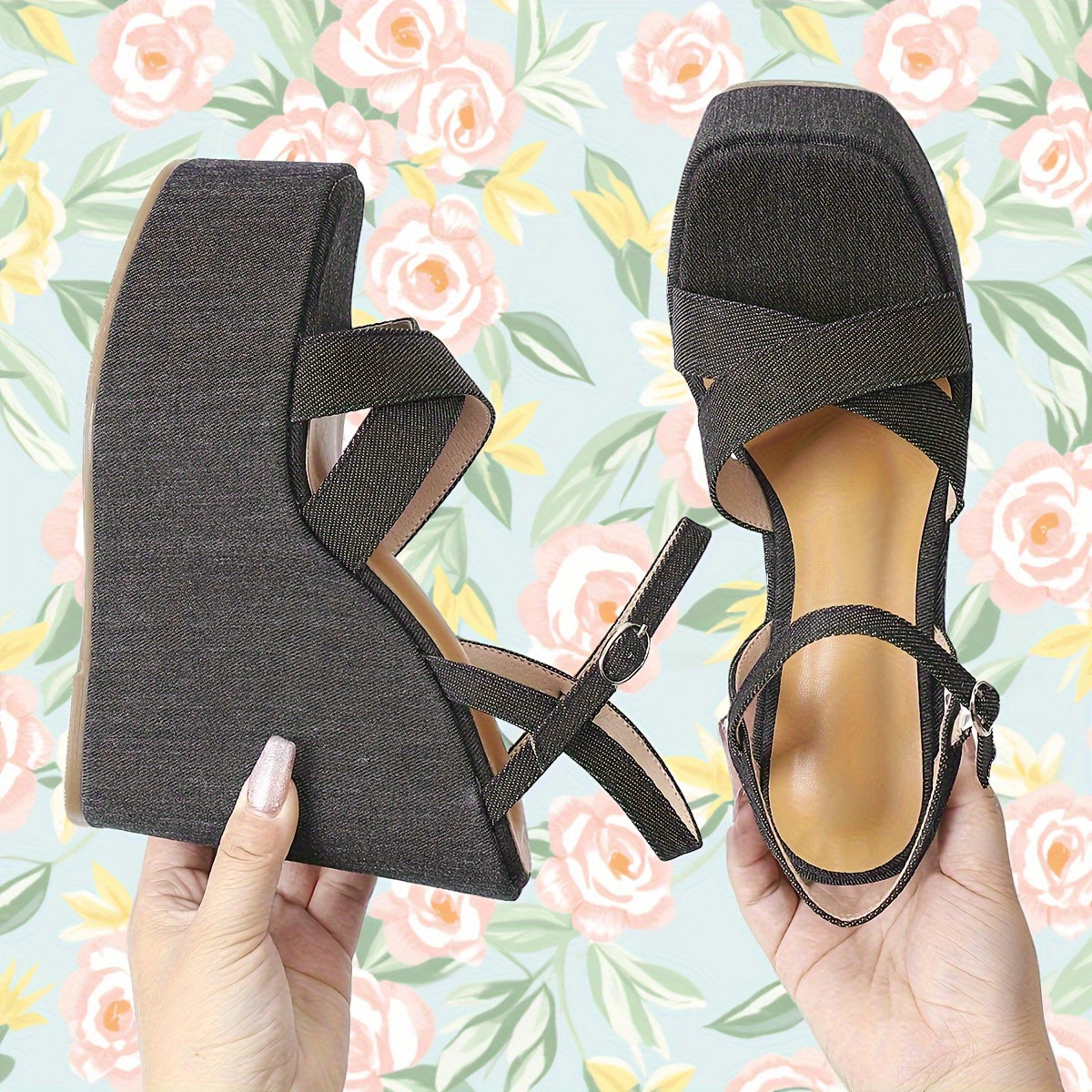 New Summer Trendy Fashion Open-Toe Women'S Wedge Sandals, Featuring a Solid Color Design with a Thick Platform And Base, Comfortable And Versatile High-Heeled Sandals That Add Height.