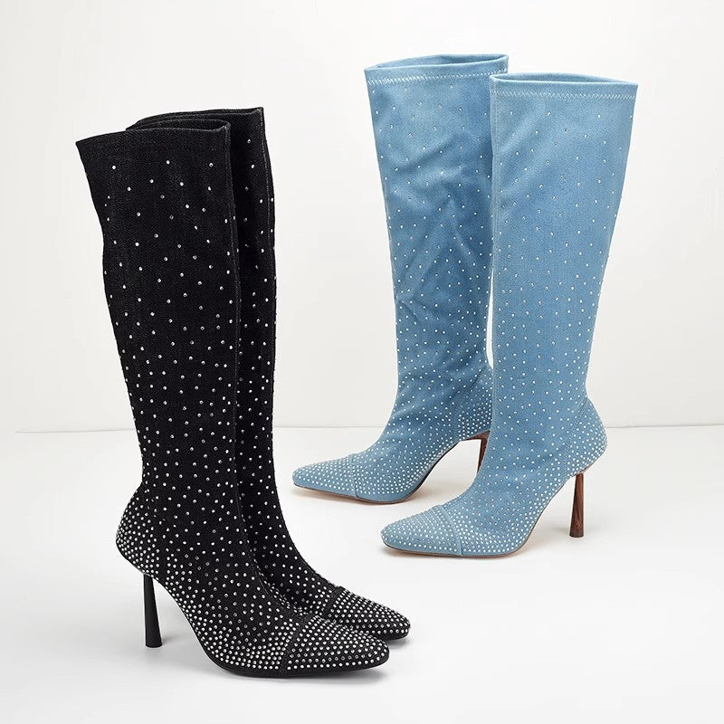 Women'S High Heel Square Toe Over-Knee Boots - Slip-On Stiletto Heels, Glossy Faux Cover Upper, All-Season Formal & Everyday Shoes for Parties, Weddings, Office, Party Footwear