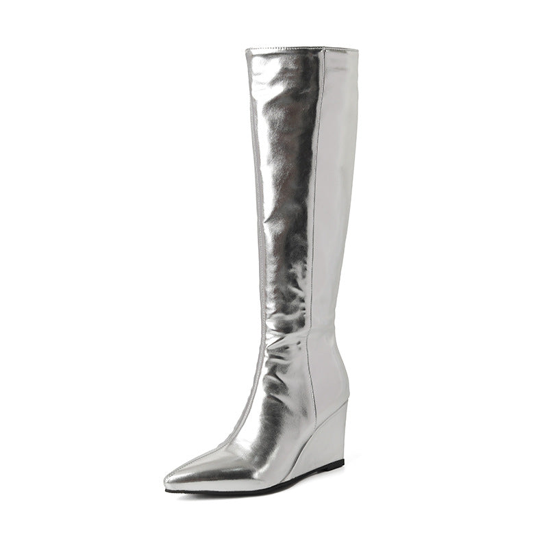 High Heel Boots Fashion Boots Silvery Golden Knight Boots Wedge High Boots, Versatile Footwear, Stylish Walking, Sleek Design, Modern Boots, Ankle Boots, Platform Boots, Young Professionals, Trend Followers