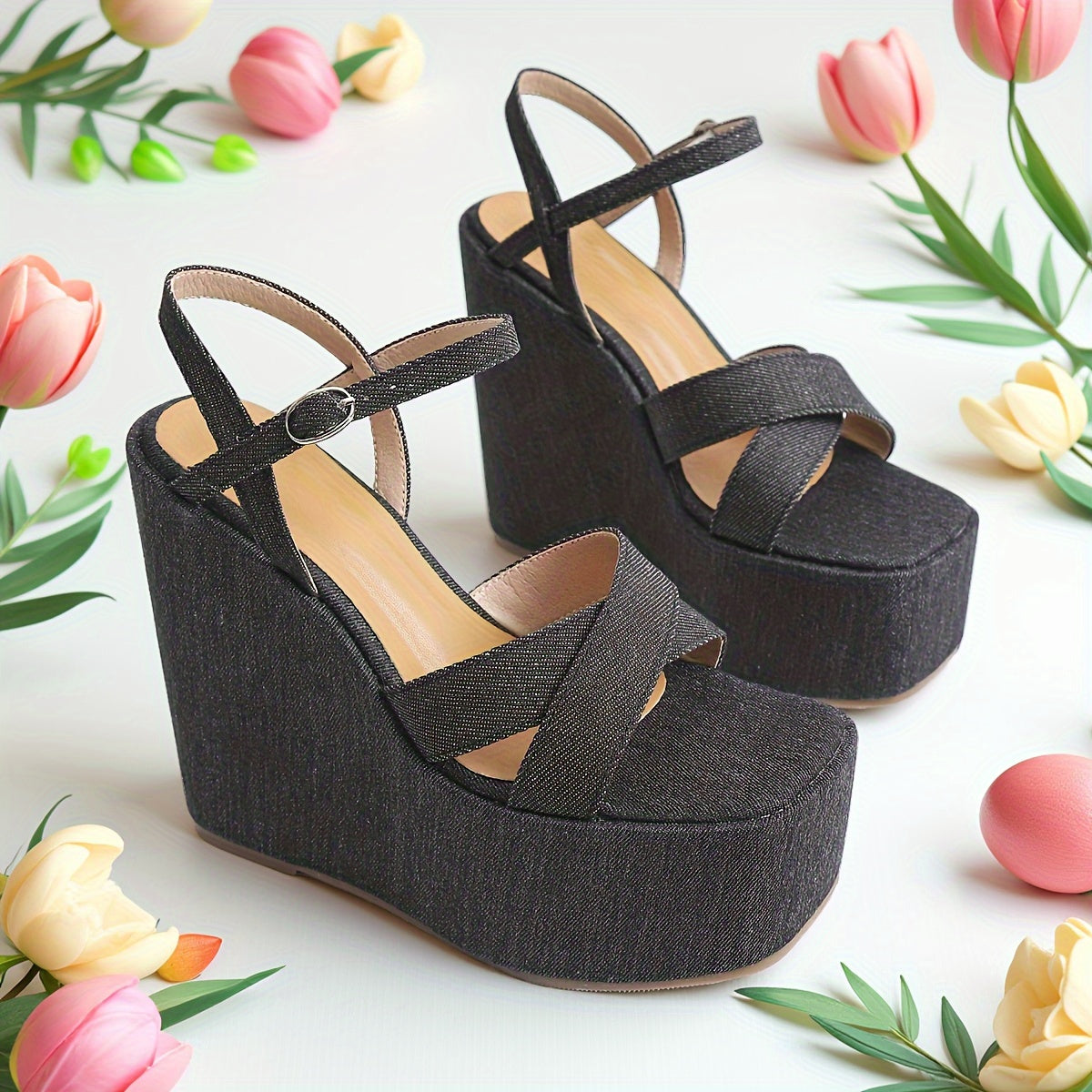 New Summer Trendy Fashion Open-Toe Women'S Wedge Sandals, Featuring a Solid Color Design with a Thick Platform And Base, Comfortable And Versatile High-Heeled Sandals That Add Height.