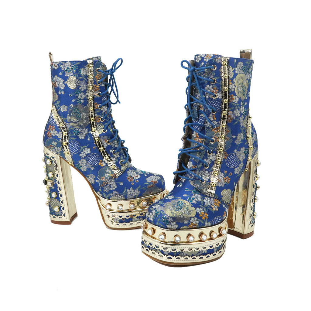 Women's Floral Fabric Thick Platform High Heel Ankle Boots with Square Toe, Zipper Closure & PU Sole - Blue & Golden Luxury Fashion Boots for Parties, Events, High Heel Boots, Party Footwear, Durable Construction, Stylish Women