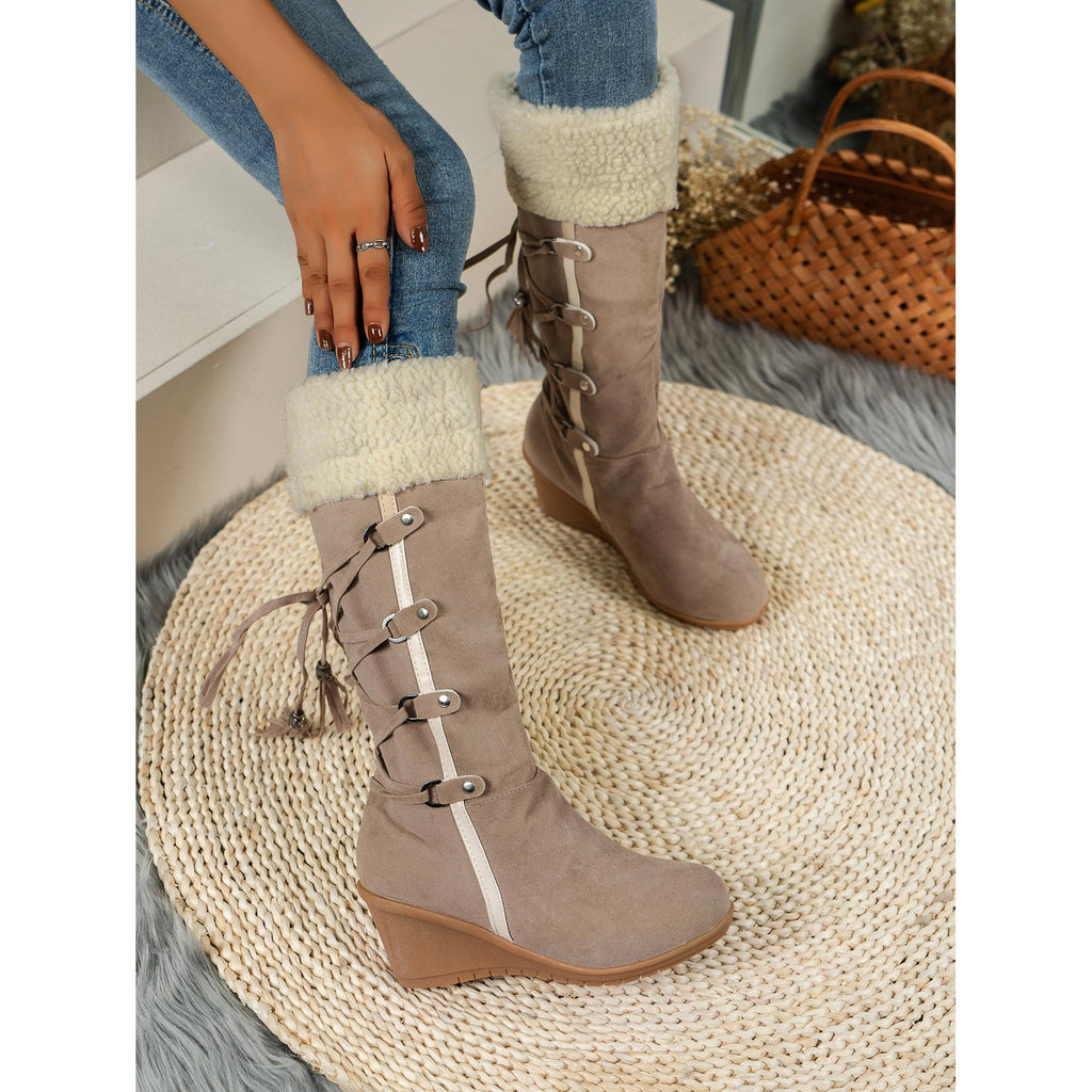 Women'S Fleece-Lined Knee-High Winter Boots with Wedge Heel - Warm Thermal Insulation, Round Toe & Chunky Heel, Slip-Resistant PVC Sole, Soft Fabric Upper & Cushioned Insole - Cozy Casual & Formal Footwear for Cold Weather (Brown