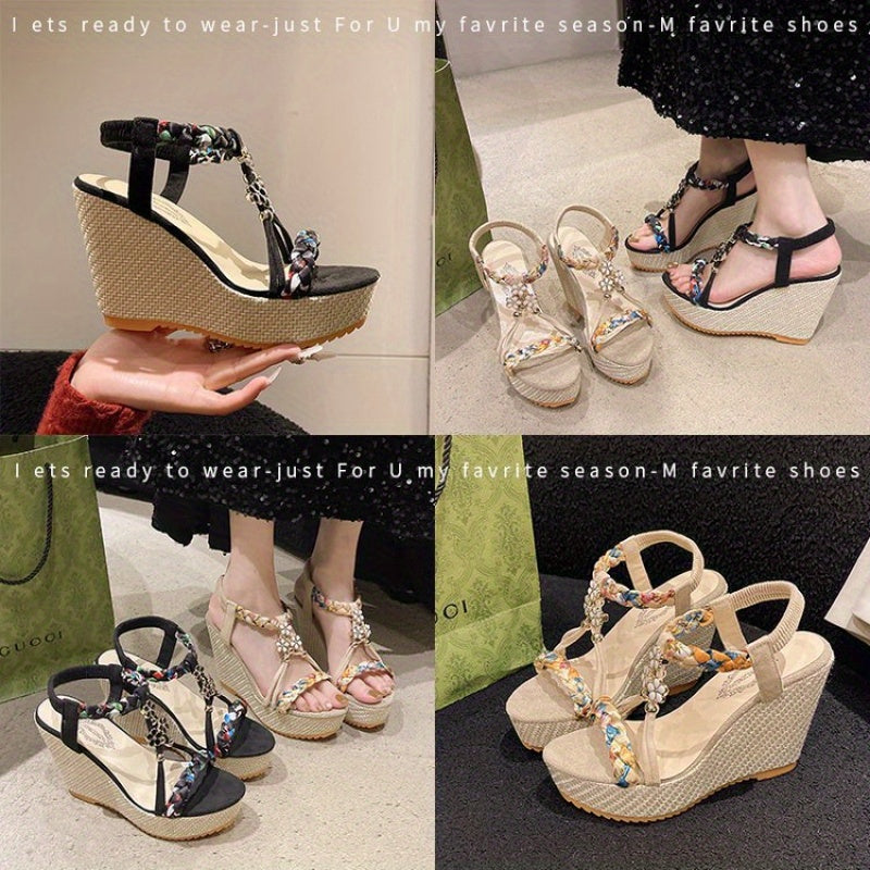 Women'S Bohemian Floral Wedge Sandals - Open-Toe Thick Sole High Heel with Rhinestone Embellishments, Beige & Brown Braided Straps, Summer Casual & Formal Wear, Plus Size Available, High Heel Sandals, Formal Footwear, Decorative Embellishments