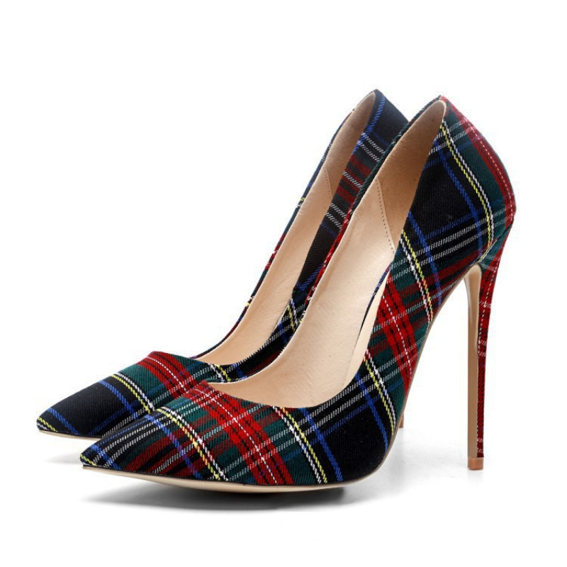 Ultra-High Stiletto Heels - Pointed-Toe Open-Back Pumps with Striped Plaid Fabric Upper, Matching s for Parties, Weddings, Business Events - Spring Footwear (Comfortable Insole & Rubber Sole)