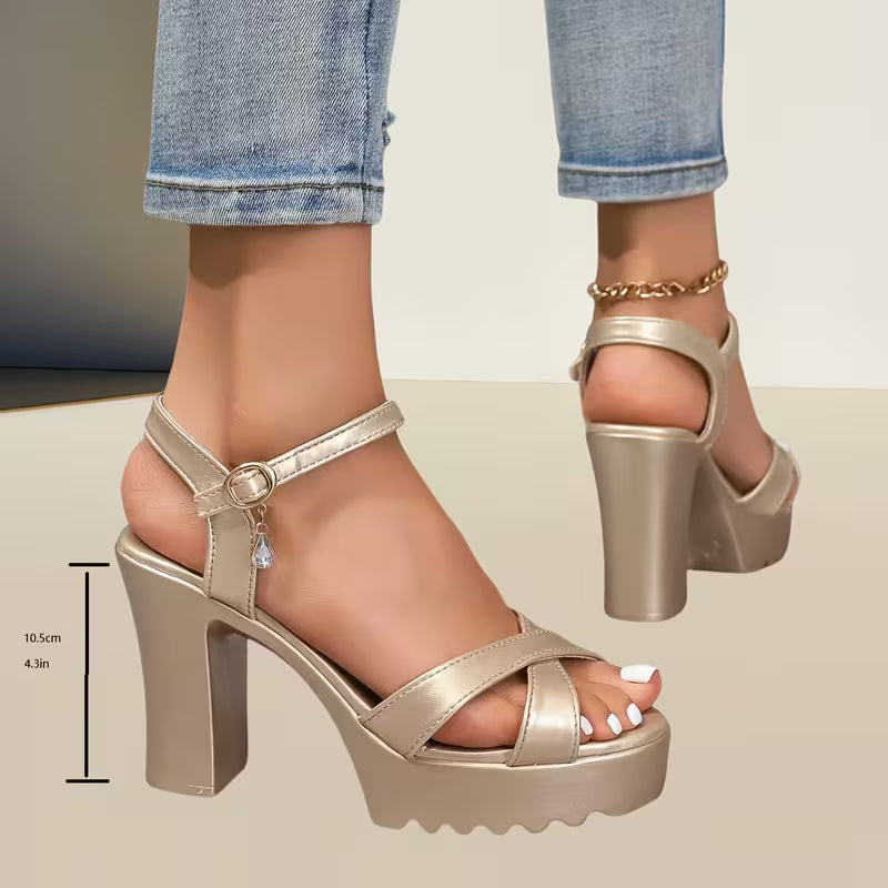 Women's Elegant Golden High Heel Sandals - Chunky Platform heels with Hook-and-Loop ankle strap Closure, Open-Toe Party Shoes in Beige/Golden - Cushioned Insole & Non-Slip PU Sole for Weddings, Beach, Formal Events - All-Season Women's Formal Footwear