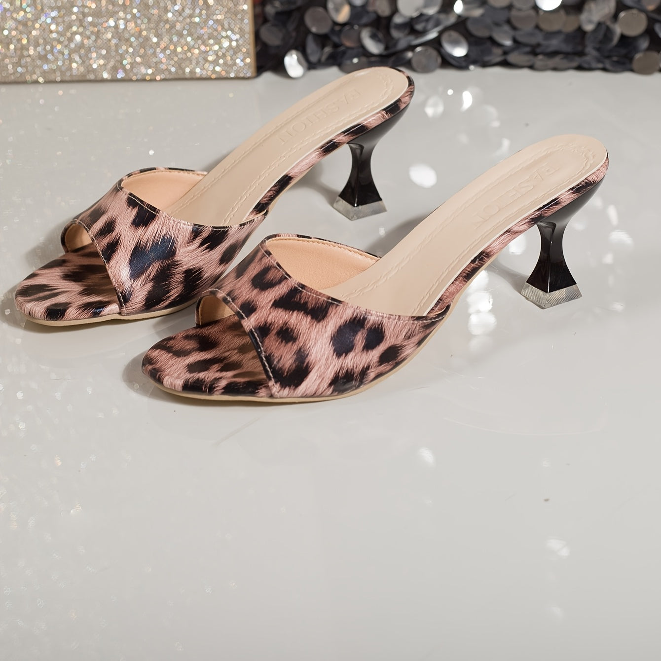 Women's Leopard Print High-Heel Slippers -  Open-Toe Stiletto Pumps with Non-Slip Rubber Sole, Elegant s for Parties, Weddings & Summer Outfits