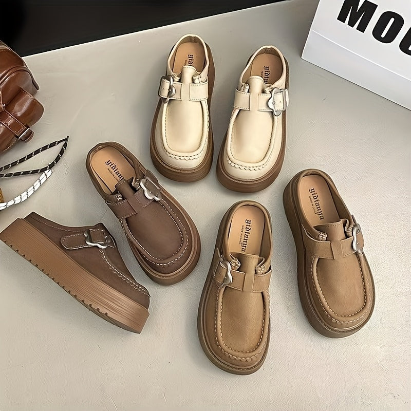 Women'S Chunky Platform Mules - Slip-On Shoes with Thick Platform Sole, \u002FBrown\u002F, Cushioned Insole & Non-Slip Rubber Outsole - Retro Vintage Shoes for Everyday, Office, Parties - Easy-Clean Minimalist Footwear for Petite Women & Students