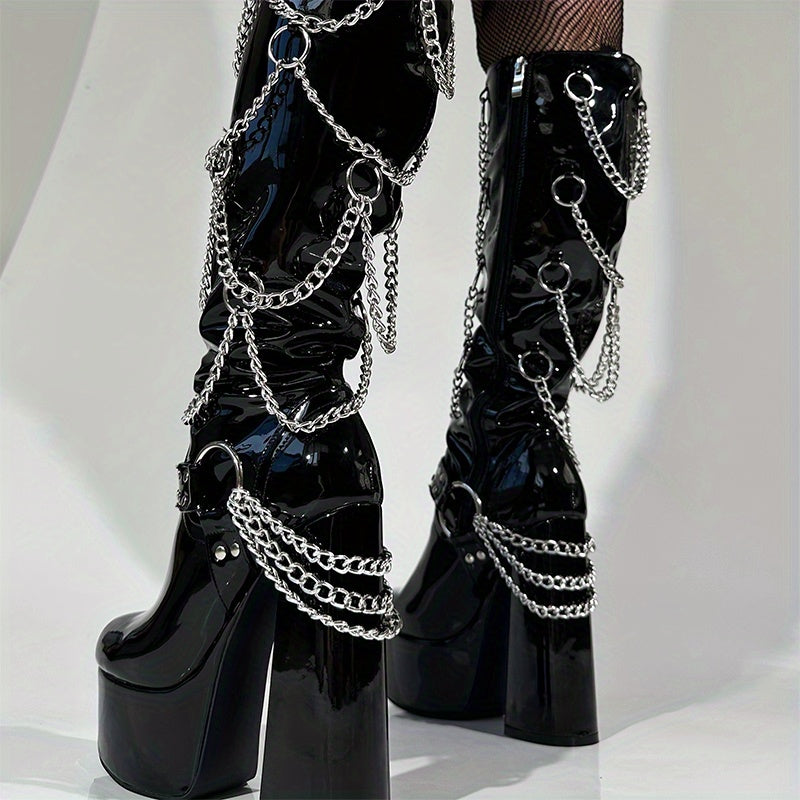 Women's Black Gothic Punk Platform Knee-High Boots with Thick Chunky Heels, Chain Strap & Buckle Closure - High Quality PU Round-Toe Zipper Boots for Themed Parties, Nightclub Outfits & Edgy Fashion (Sturdy Sole)