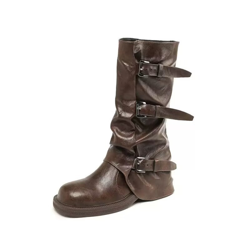Platform Boots for Women | Autumn Niche Design, Belt Buckle Western Boots, Wrinkled Mid-Calf Slouch Boots, Genuine Faux Leather, Toe, Block Heel, Slip-on Closure