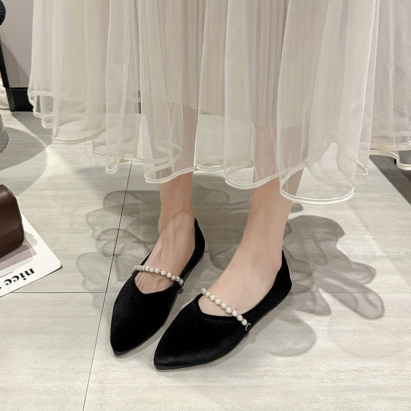 Women'S Elegant Pointed Toe Flats with Pearl Embellishments - Comfortable Fabric Slip-On Shoes for Office, Parties, and Formal Events, Office Shoes | Elegant Footwear | Comfortable Shoes