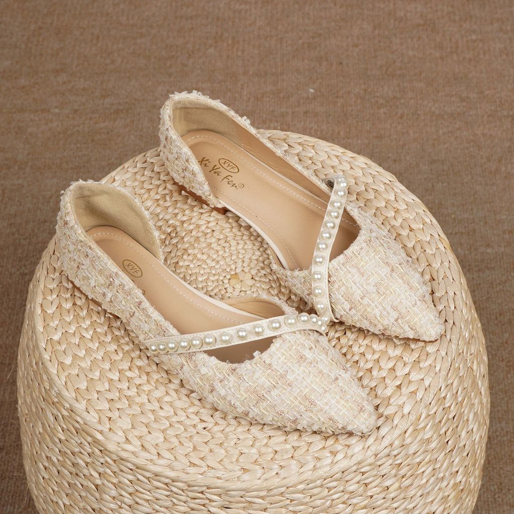Faux Pearl Decor Flat Shoes Elegant Lightweight Women's Faux Pearl Decor Flat Shoes - Comfortable Point Toe Slip On Shoes