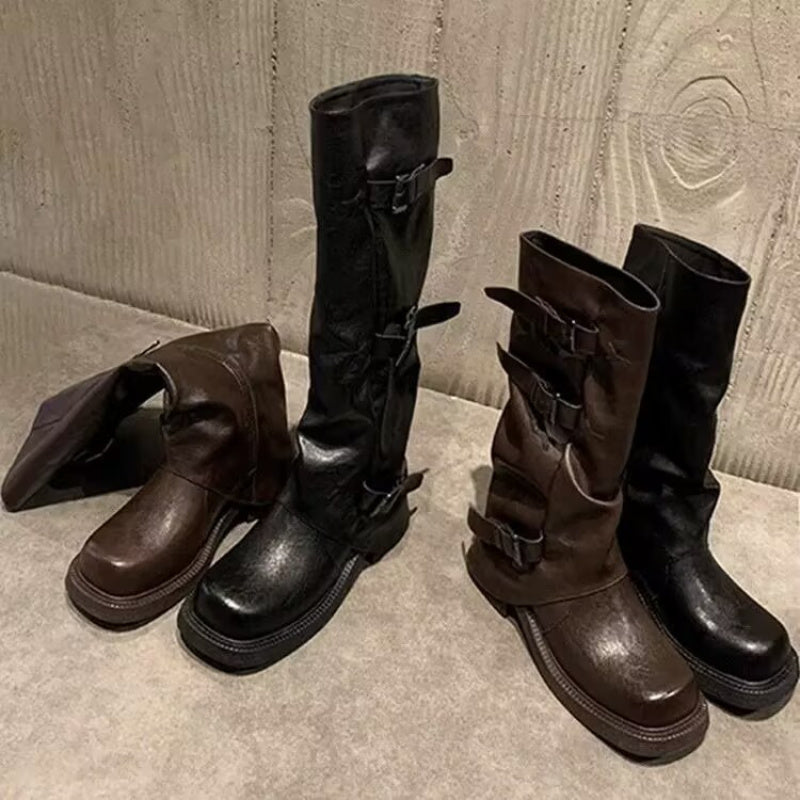 Platform Boots for Women | Autumn Niche Design, Belt Buckle Western Boots, Wrinkled Mid-Calf Slouch Boots, Genuine Faux Leather, Toe, Block Heel, Slip-on Closure