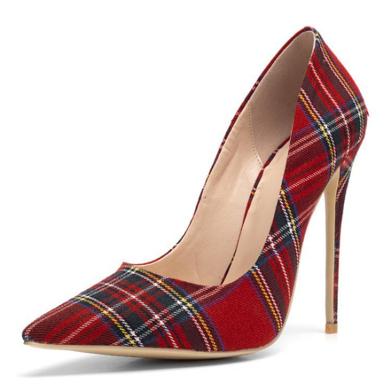 Ultra-High Stiletto Heels - Pointed-Toe Open-Back Pumps with Striped Plaid Fabric Upper, Matching s for Parties, Weddings, Business Events - Spring Footwear (Comfortable Insole & Rubber Sole)