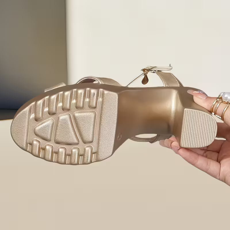 Women's Elegant Golden High Heel Sandals - Chunky Platform heels with Hook-and-Loop ankle strap Closure, Open-Toe Party Shoes in Beige/Golden - Cushioned Insole & Non-Slip PU Sole for Weddings, Beach, Formal Events - All-Season Women's Formal Footwear