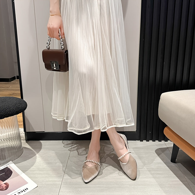Women'S Elegant Pointed Toe Flats with Pearl Embellishments - Comfortable Fabric Slip-On Shoes for Office, Parties, and Formal Events, Office Shoes | Elegant Footwear | Comfortable Shoes