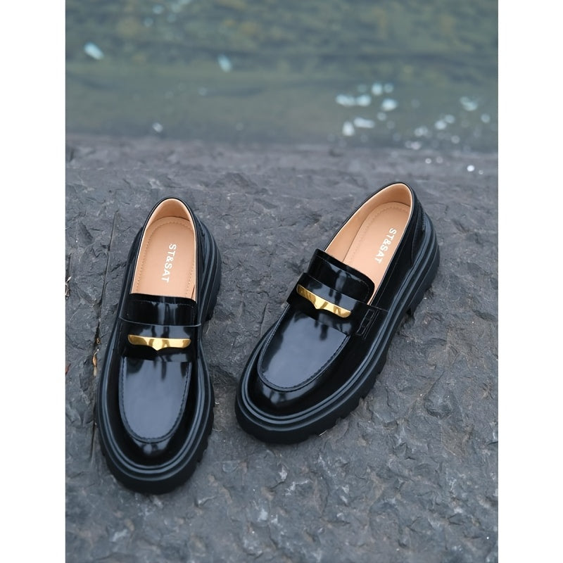 Classic Black & Golden Buckle Loafers with Light Brown Comfortable Cover Insole, Elegant Casual Commuter Shoes