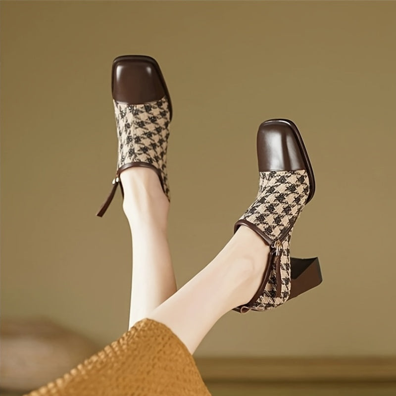 Women's Houndstooth Oxford Pumps - White\Black\Brown\Beige Mary Jane Shoes with Square Toe Block Heel, Cloud Insole & Golden-Like Accent - All-Season Office, Party, Wedding s (Zip Closure, Round-to-Square Heel)
