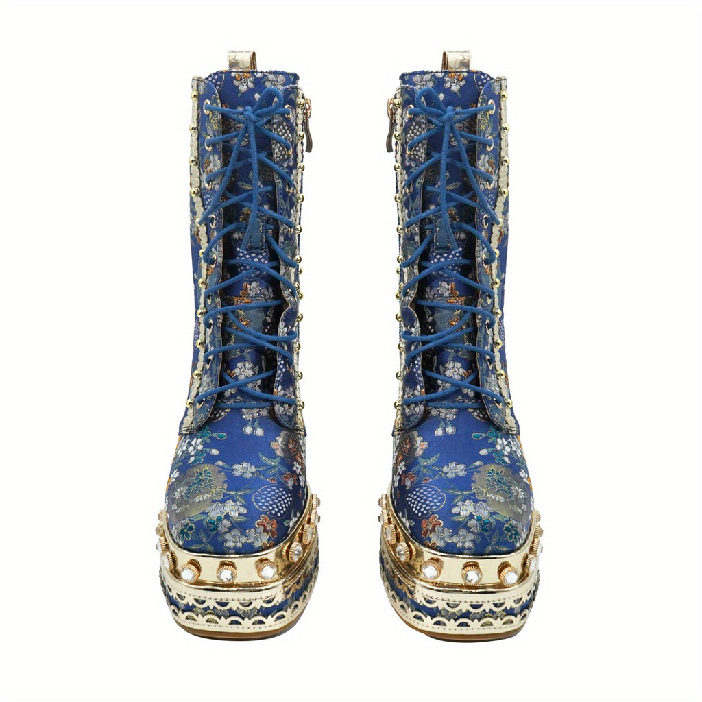 Women's Floral Fabric Thick Platform High Heel Ankle Boots with Square Toe, Zipper Closure & PU Sole - Blue & Golden Luxury Fashion Boots for Parties, Events, High Heel Boots, Party Footwear, Durable Construction, Stylish Women