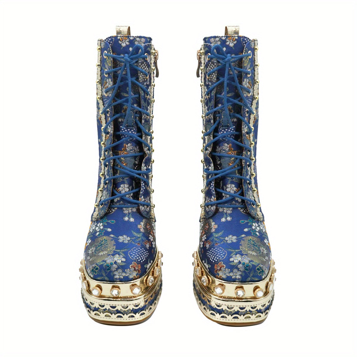 Women's Floral Fabric Thick Platform High Heel Ankle Boots with Square Toe, Zipper Closure & PU Sole - Blue & Golden Luxury Fashion Boots for Parties, Events, High Heel Boots, Party Footwear, Durable Construction, Stylish Women