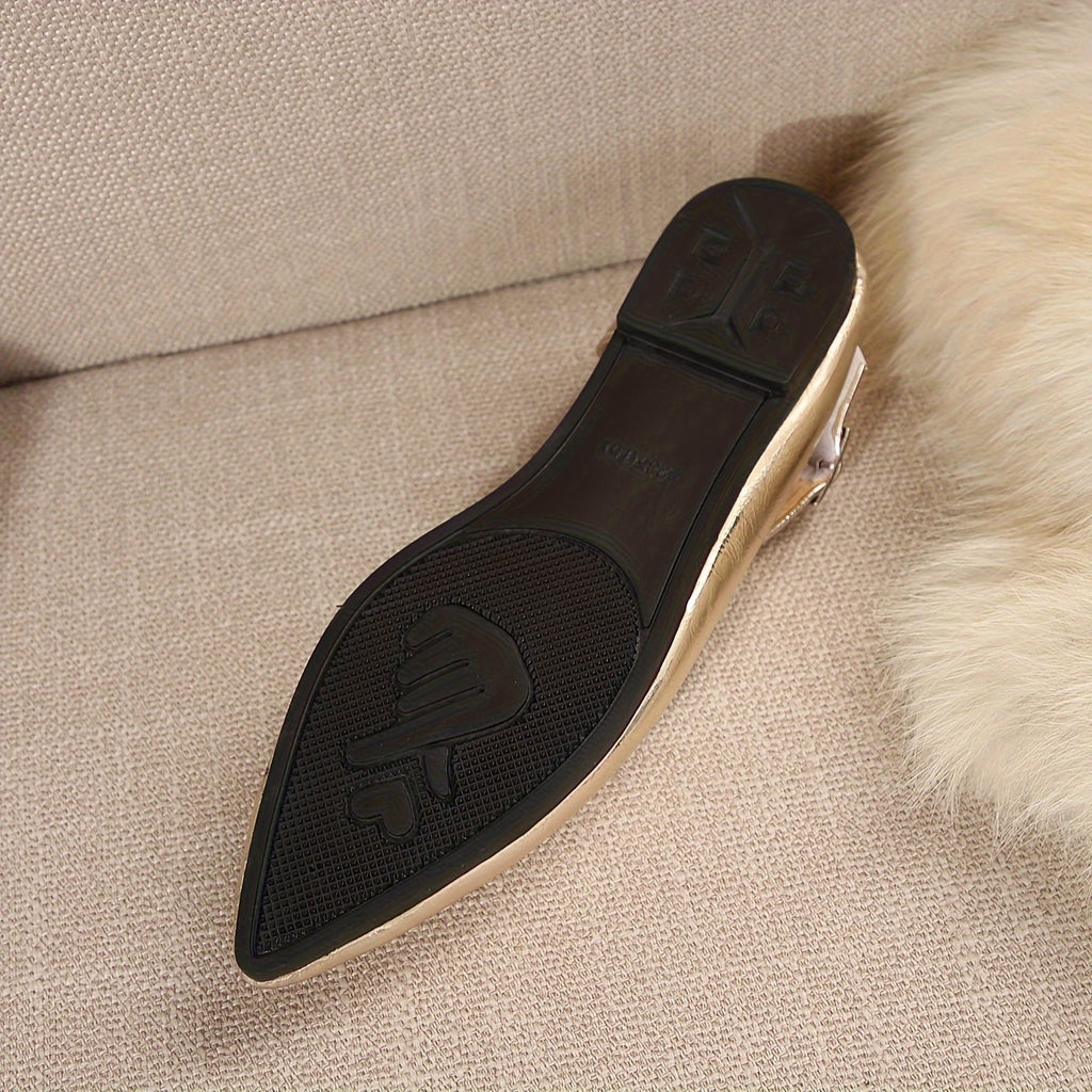 Women's Metallic Golden Pointed-Toe Flats - Elegant Synthetic Cover Shoes with Soft Rubber Sole, Ankle Strap for Dresses & Casual Wear, Dressy Occasion Shoes | Sleek Metallic Finish | Rubber Sole Footwear, Ladies Shoes