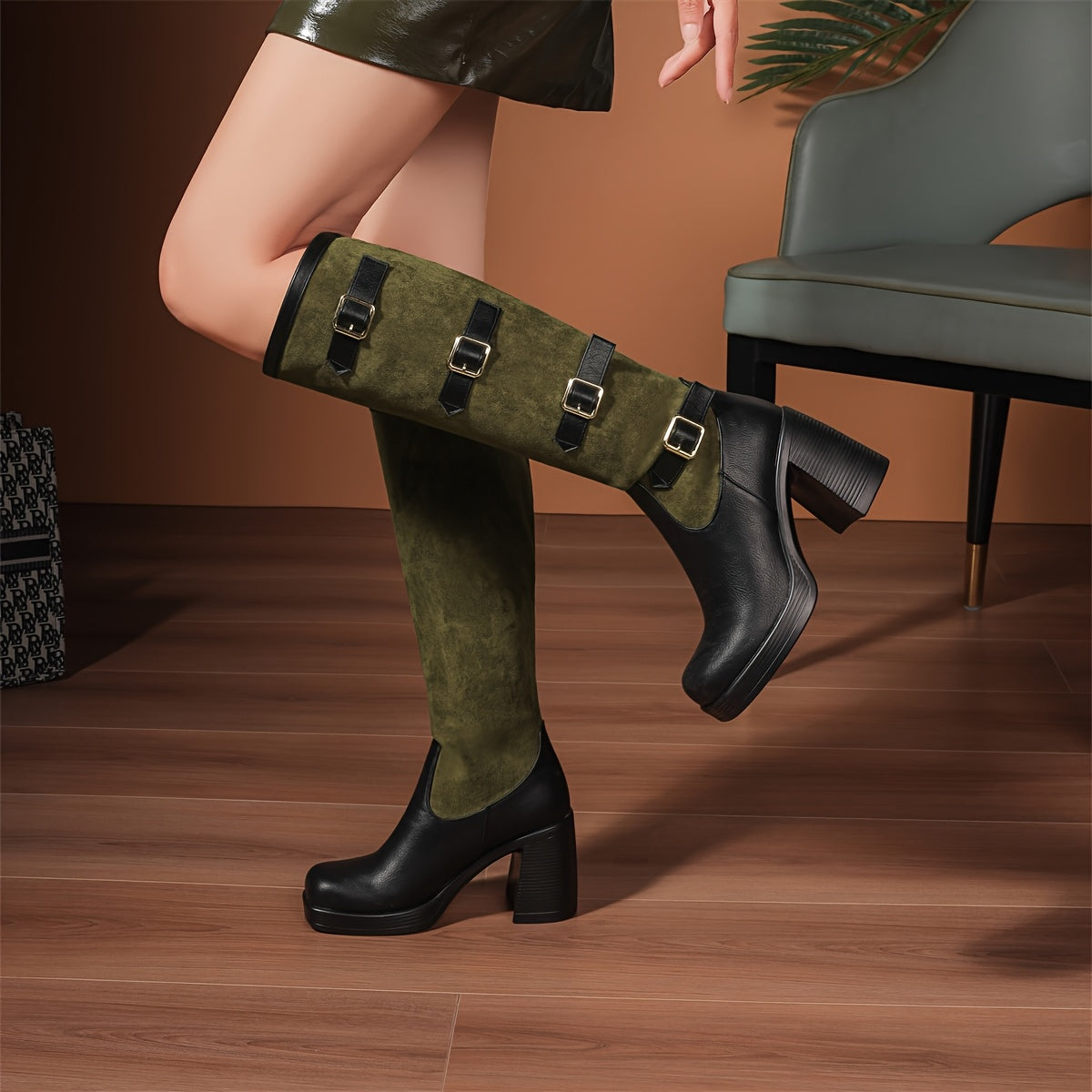 Women'S Western Style Knee-High Heels with Chunky Platform Heel - Slip-On Square Toe, Faux Cover Upper & Rubber Sole, All-Season Comfort for Casual & Formal Occasions, Versatile Fashion Footwear, Decorative Buckle Detail, Durable Traction Footwear