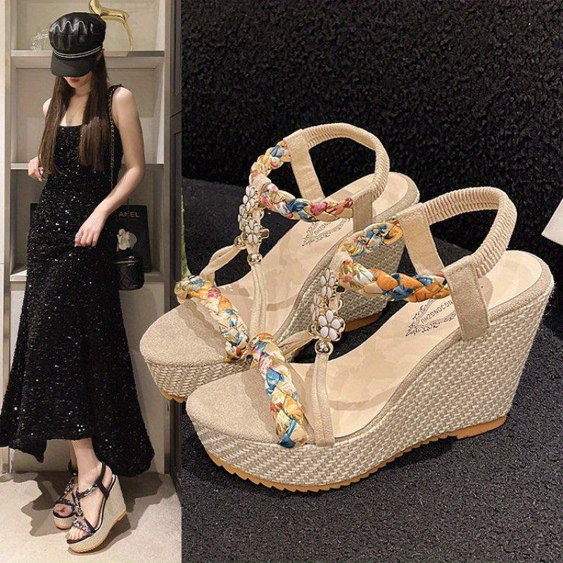 Women'S Bohemian Floral Wedge Sandals - Open-Toe Thick Sole High Heel with Rhinestone Embellishments, Beige & Brown Braided Straps, Summer Casual & Formal Wear, Plus Size Available, High Heel Sandals, Formal Footwear, Decorative Embellishments