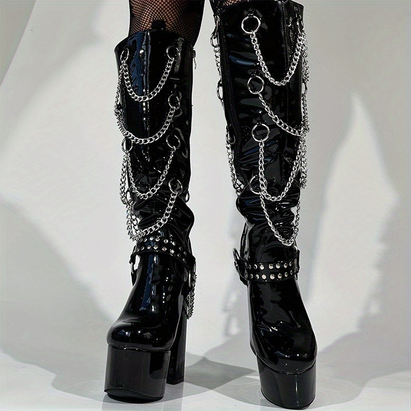 Women's Black Gothic Punk Platform Knee-High Boots with Thick Chunky Heels, Chain Strap & Buckle Closure - High Quality PU Round-Toe Zipper Boots for Themed Parties, Nightclub Outfits & Edgy Fashion (Sturdy Sole)