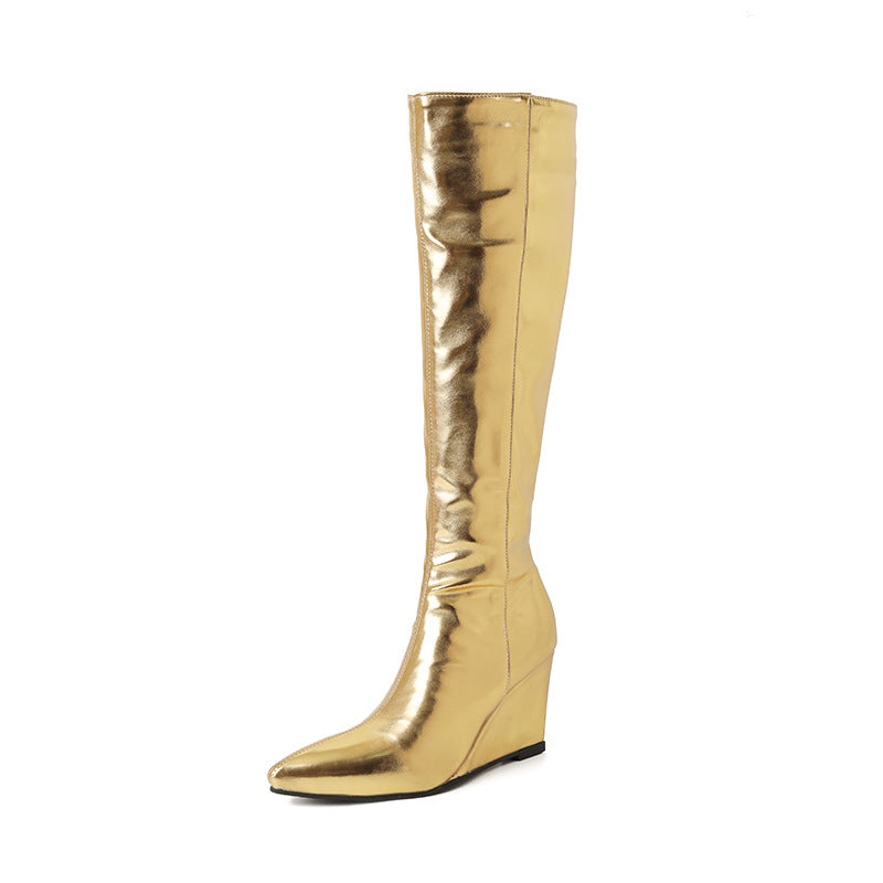High Heel Boots Fashion Boots Silvery Golden Knight Boots Wedge High Boots, Versatile Footwear, Stylish Walking, Sleek Design, Modern Boots, Ankle Boots, Platform Boots, Young Professionals, Trend Followers