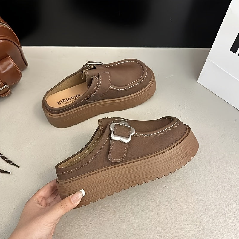 Women'S Chunky Platform Mules - Slip-On Shoes with Thick Platform Sole, \u002FBrown\u002F, Cushioned Insole & Non-Slip Rubber Outsole - Retro Vintage Shoes for Everyday, Office, Parties - Easy-Clean Minimalist Footwear for Petite Women & Students