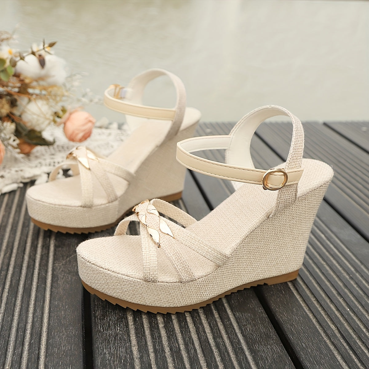 Women's Elegant Platform Wedge Sandals - Thick Platform Heels (Beige\u002F) with Ankle Strap & Buckle Closure, Open-Toe Summer Shoes, Cushioned TPR Sole & Beige - Lightweight s for Beach, Office, Casual Wear