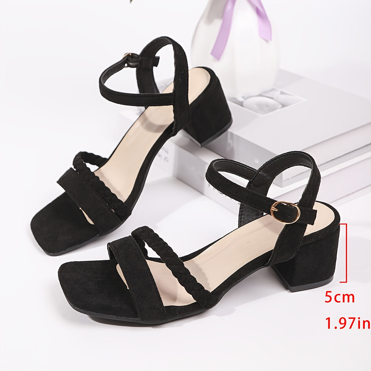 Women's Chunky Block Heel Sandals - Black Synthetic -like Mules with Adjustable Buckle Strap, -Tone Accent & Open-Toe - All-Season s for Parties, Weddings, Beach - Comfortable Thick Heels (Hand Washable)