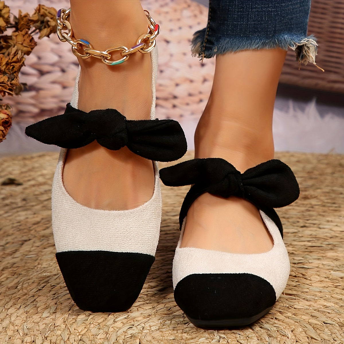 Women's Contrast Color Flat Shoes, Elegant Bowknot Decor Slip On Shoes, Lightweight & Comfortable Shoes