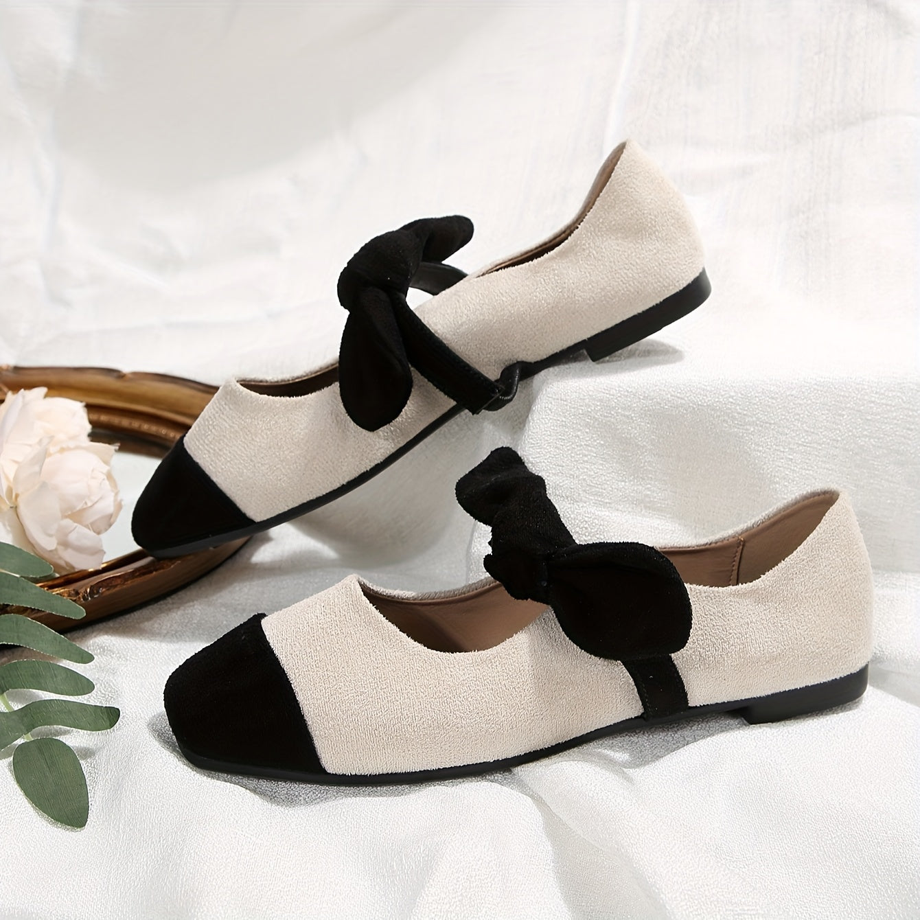 Women's Contrast Color Flat Shoes, Elegant Bowknot Decor Slip On Shoes, Lightweight & Comfortable Shoes