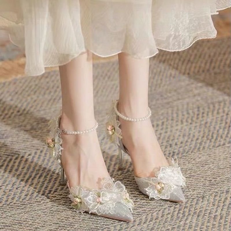 Women's & ' Korean-Style Stiletto Heels - Elegant & Lace Accent Pointed-Toe High Heels, Cushioned Insole & PU, All-Day for Weddings, Parties, Performances - Korean Fashion Pumps (Year-Round Wear)