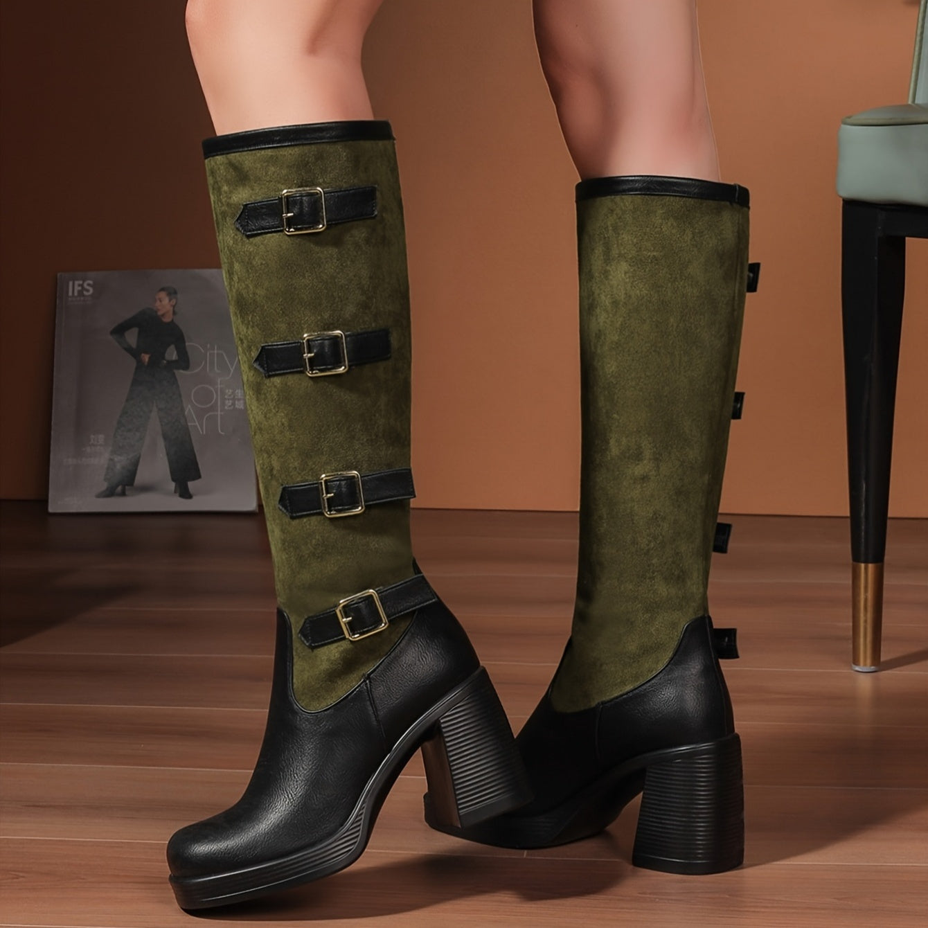 Women'S Western Style Knee-High Heels with Chunky Platform Heel - Slip-On Square Toe, Faux Cover Upper & Rubber Sole, All-Season Comfort for Casual & Formal Occasions, Versatile Fashion Footwear, Decorative Buckle Detail, Durable Traction Footwear