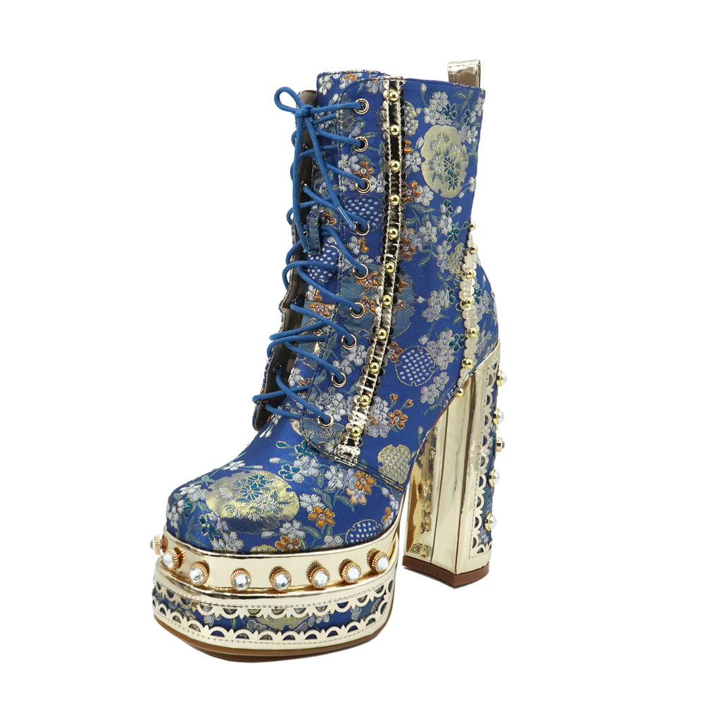 Women's Floral Fabric Thick Platform High Heel Ankle Boots with Square Toe, Zipper Closure & PU Sole - Blue & Golden Luxury Fashion Boots for Parties, Events, High Heel Boots, Party Footwear, Durable Construction, Stylish Women