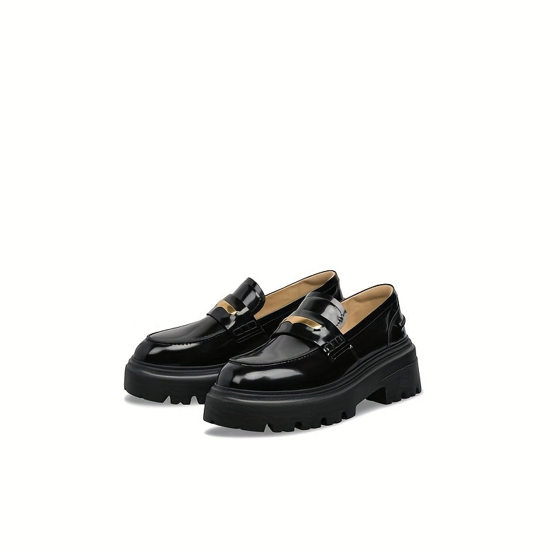 Classic Black & Golden Buckle Loafers with Light Brown Comfortable Cover Insole, Elegant Casual Commuter Shoes